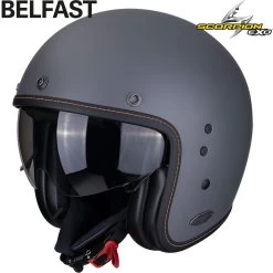 Scorpion Jethelm BELFAST Mit Sonnenblende Und Ultra-TCT-Fiberglas-Helmschale -Motorradbekleidungsgeschäft belfast solid mat cement grey haupt