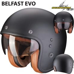 Scorpion Jethelm BELFAST EVO Moderner Vintage-Helm Fiberglas ECE 22.06 Mit Sonnenblende -Motorradbekleidungsgeschäft belfastevo luxe matbla haupt