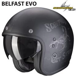 Scorpion Jethelm BELFAST EVO Moderner Vintage-Helm Fiberglas ECE 22.06 Mit Sonnenblende -Motorradbekleidungsgeschäft belfastevo pique matblasil haupt