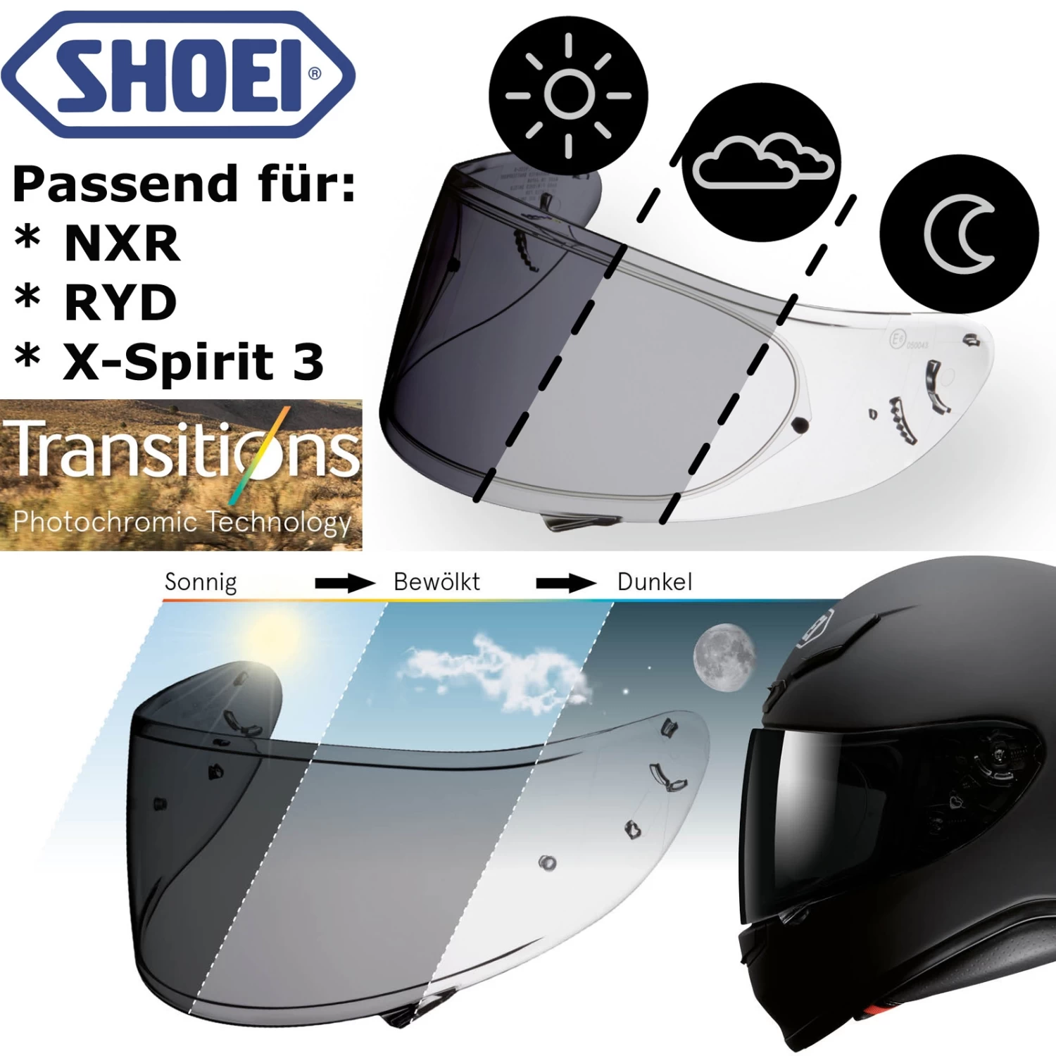 Shoei Visier CWR-1 PHOTOCROMIC Für Helm NXR / RYD / X-Spirit III 3 Selbsttönend 3 Shoei Visier CWR-1 PHOTOCROMIC Für Helm NXR / RYD / X-Spirit III 3 Selbsttönend
