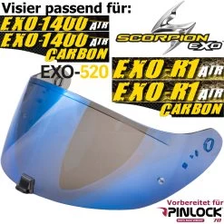 Scorpion 3D Visier KDF16-1 Für Helm EXO-1400 / EXO-R1 / EXO-520 Vorbereitet Für Max Vision Pinlock -Motorradbekleidungsgeschäft exo 1400 shield mirror blue haupt 1
