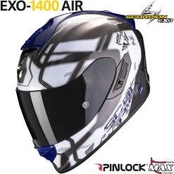 Scorpion Integralhelm EXO-1400 AIR Mit Sonnenblende Max Vision Pinlock Und AirFit Wangenpolster -Motorradbekleidungsgeschäft exo1400a spatium whiblu haupt