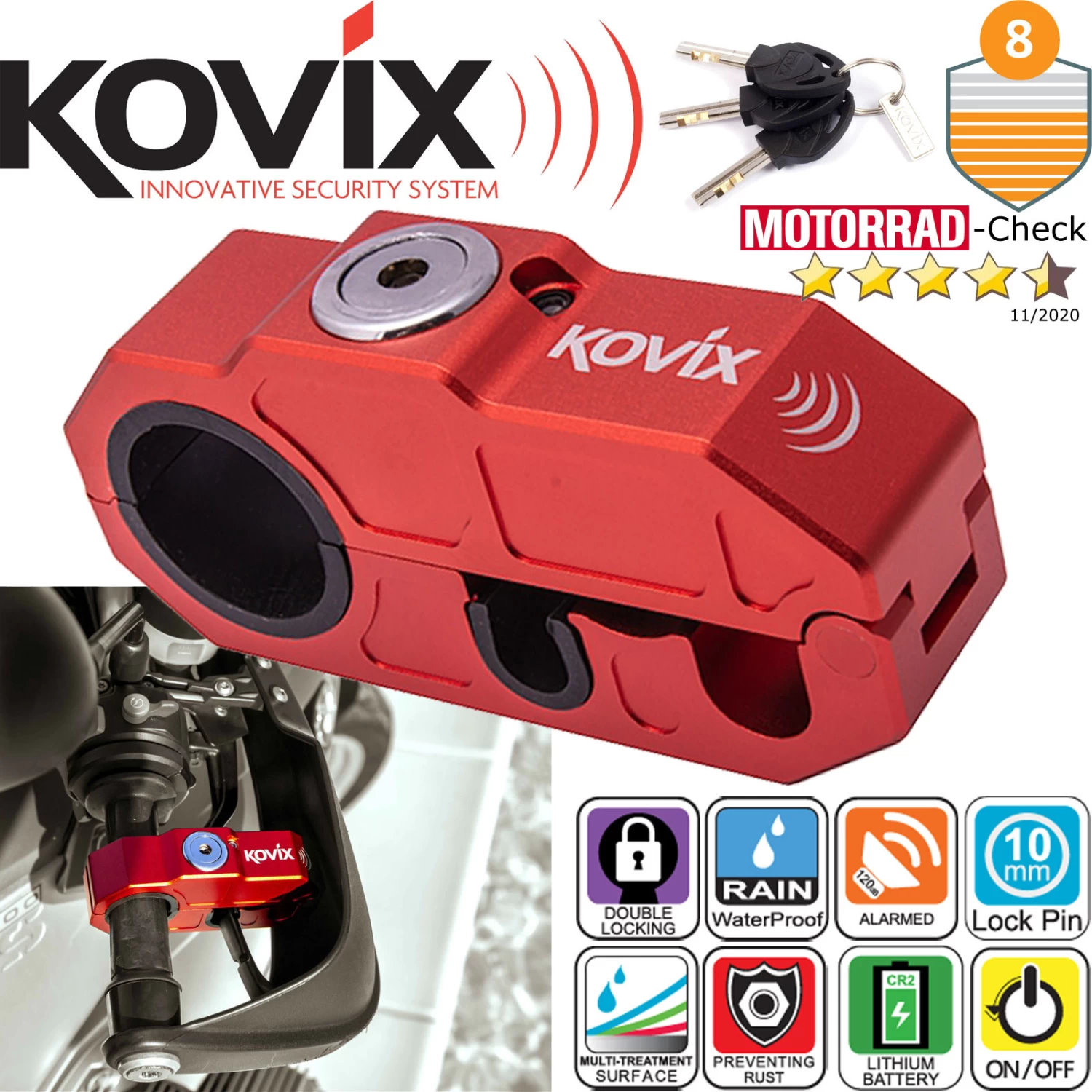 Kovix Alarm-Bremshebelschloss KHL GRIP LOCK 120dB Motorrad Diebstahlschutz Alarmanlage 4 Kovix Alarm-Bremshebelschloss KHL GRIP LOCK 120dB Motorrad Diebstahlschutz Alarmanlage – Bild 2