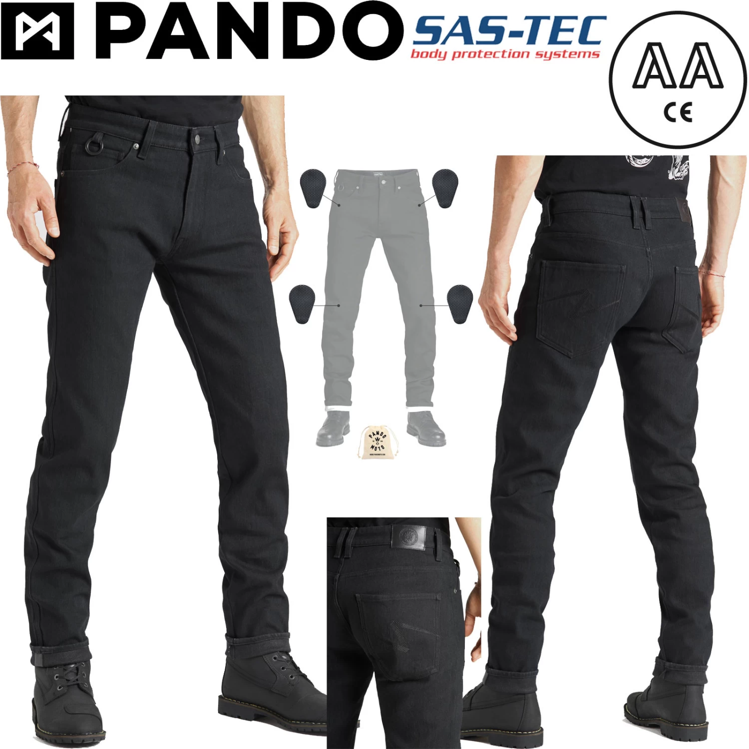 Pando Moto Motorradjeans STEEL BLACK 02 Für Herren CE AA Dyneema Stretch Mit SAS-TEC Protektoren
